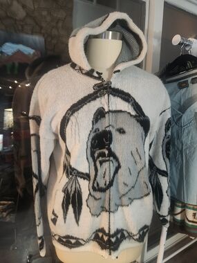 Alpaca White & Navy Hooded Zip Sweater with Bear Graphic